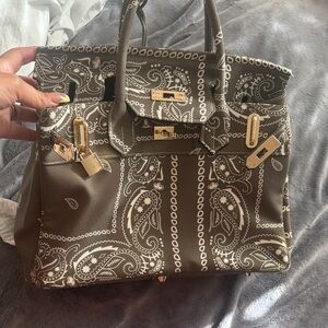 Brown Paisley Satchel Handbag with Gold Hardware